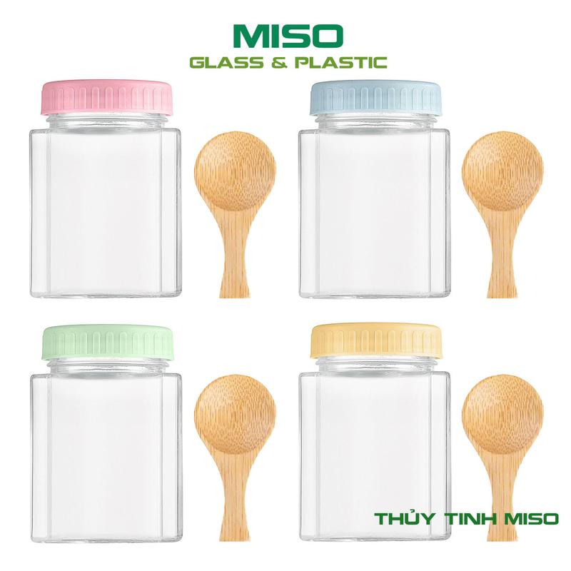 Bộ 4 Hũ thủy tinh 500ml có nắp kèm muỗng gỗ đựng ngũ cốc granola gia vị thực phẩm khô - Thủy tinh MISO