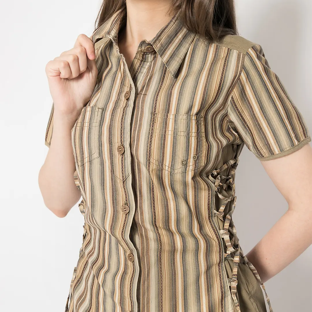 LGS - Kemeja Casual Wanita - Lengan Pendek - Salur - Coklat Kayu - LLSH.380.WD625.073.7C