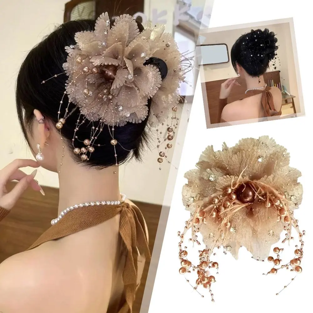 Kẹp Tóc Càng Cua Lưng Cá Mập, Lưới Nơ Và Dây Đeo Kim Cương Giả Dành Cho Nữ, Siêu Thanh Lịch, Cá Tính, Phụ Kiện Cài Tóc Thanh Lịch, Kẹp Tóc Tua Rua Và Hoa Women