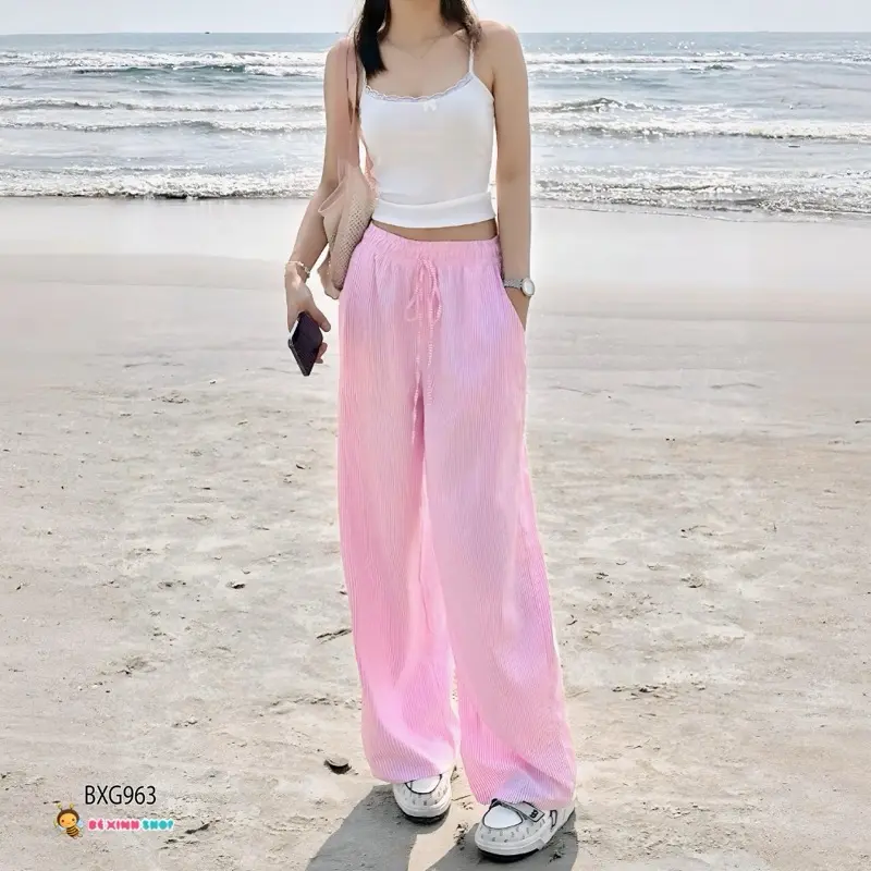 Quần Suông Kẻ Sọc ống rộng lưng chun dây rút vải kate form suông siêu đẹp_668 2