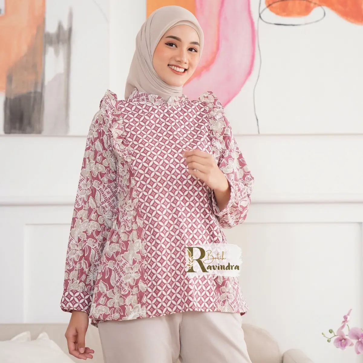 BATIK RAVINDRA Blouse Batik Kawung Bunga Soft Atasan  Wanita Katun