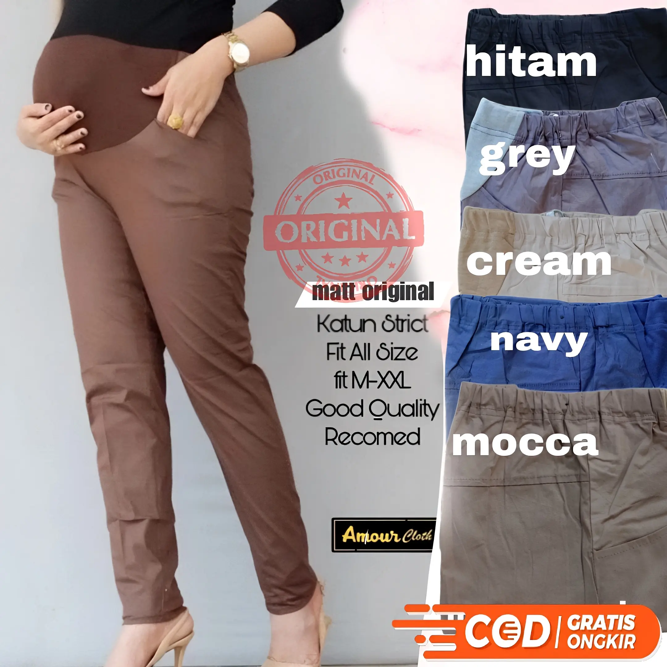 ZAYYAN OUTFIT Celana Ibu Hamil Kerja Cotton Combed Model Kantong Perut Nyaman Muat Kehamilan 3 Semester Akhir Katun Abu Bumil Busui