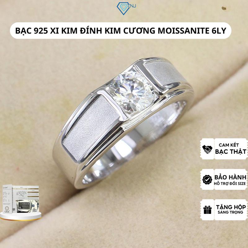 Nhẫn bạc nam gắn kim cương nhân tạo Moissanite 6ly viền nhẫn xăm cát xi bạch kim kiểm định GRA NNAM0172