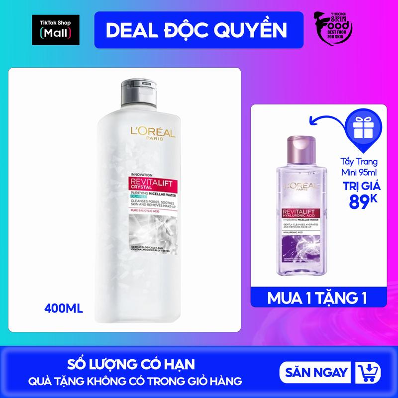 [Mua 400ml tặng 95ml] Nước Tẩy Trang Làm Sạch Cho Da Dầu & Lớp Trang Điểm L'oreal Revitalift Crystal Purifying Micellar Water Cosmetic