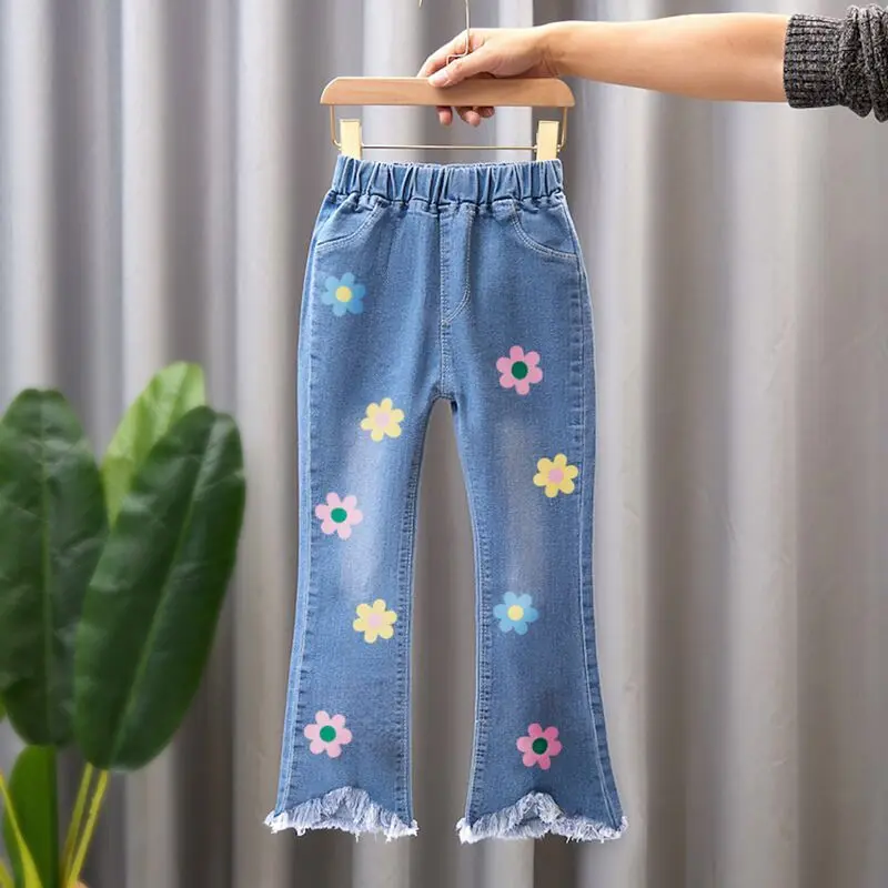 Seluar Jeans Perempuan, Pakaian Musim Bunga & Musim Panas Baharu, Seluar Berkobar, Seluar Kasual Bunga Bayi Perempuan, Untuk Kanak-kanak berumur 3-10Y, Seluar Seluar Koboi Perempuan