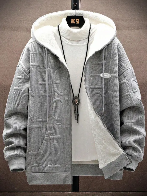 Men's Letter Embossed Drop Shoulder Zip Up Hooded Jacket, Regular Fit Casual Long Sleeve Drawstring Pocket Outerwear for Fall & Winter, Men's Clothes for Daily Wear 4