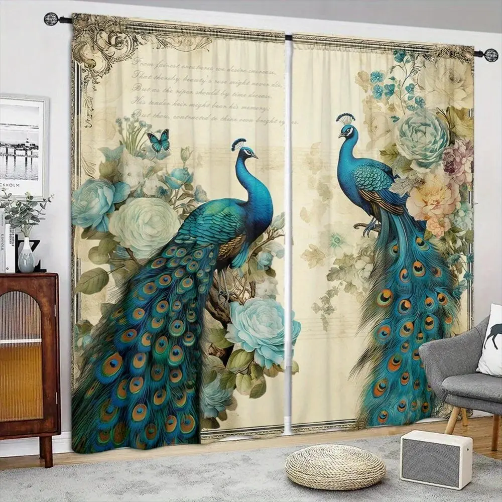 Peacock Pattern Curtain for Home Decor, 1 Pair Rod Pocket Window Curtain, Home Decorative Curtain for Bedroom, Living Room, Kitchen, Office