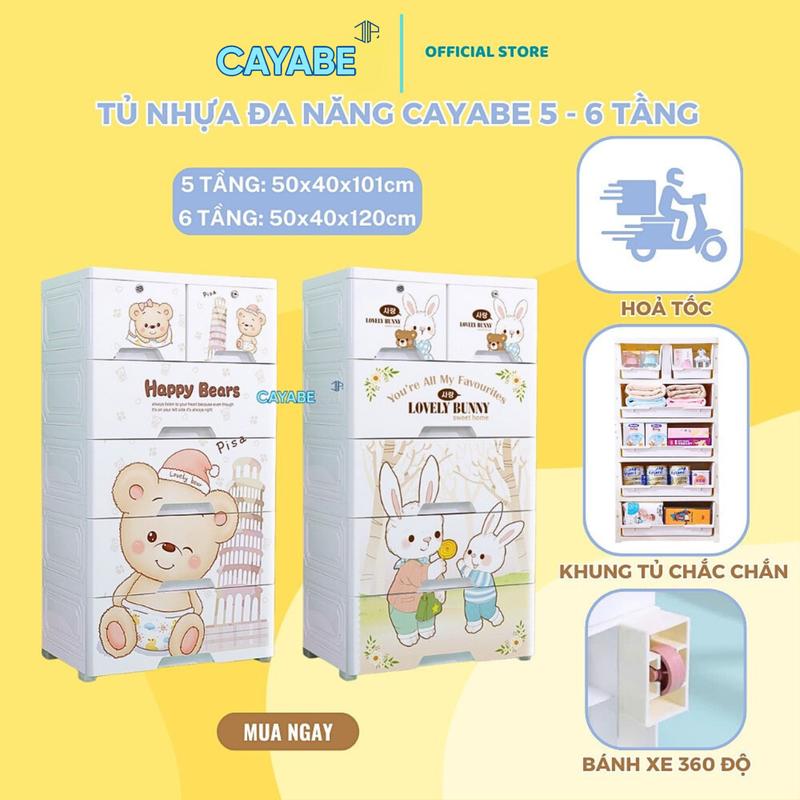 Tủ quần áo cho bé và người lớn 5 - 6 tầng CAYABE gấu thỏ - voi - cá heo - chuột Hamster - cún con, tủ đựng đồ cho bé ngăn kéo có bánh xe