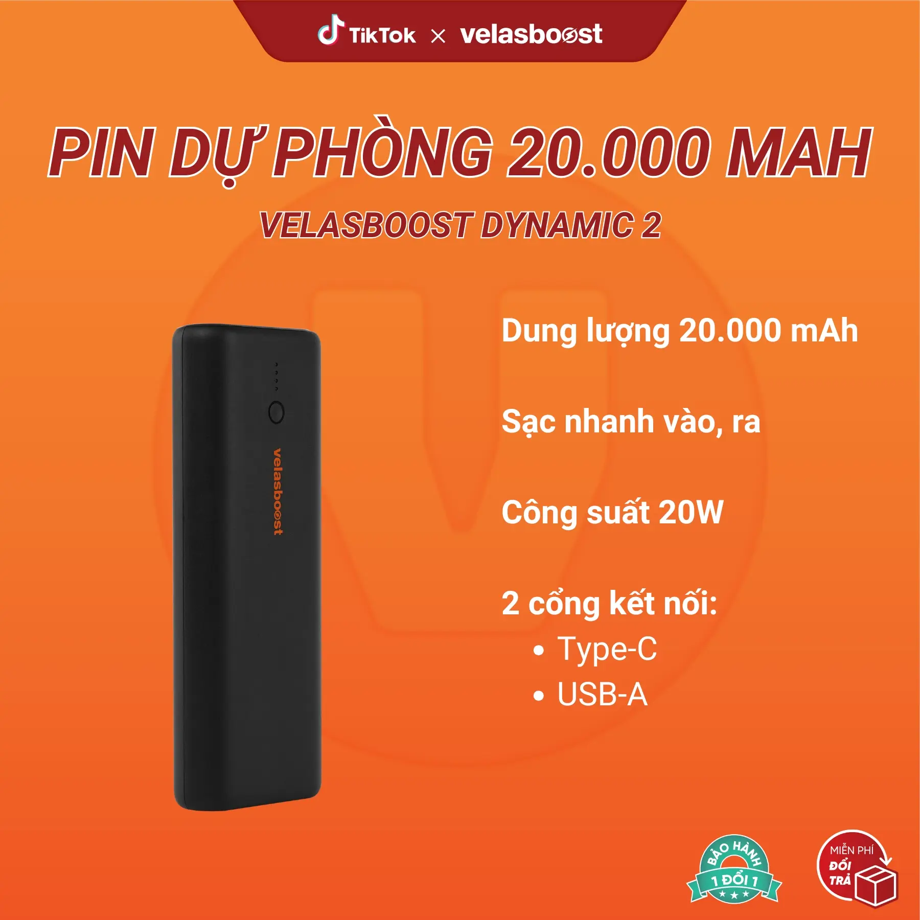 Pin dự phòng 20.000 mAh velasboost Dynamic 2, Sạc nhanh PD QC 20W, Cổng sạc Type C, USB-A, Bảo hành lỗi 1 đổi 1