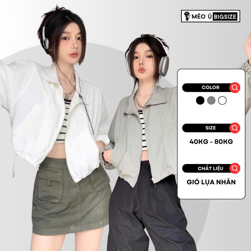 Áo khoác gió nữ BIGSIZE áo khoác gió croptop 2 lớp cổ đứng có dây rút khóa kéo phong cách Hàn Quốc 3906