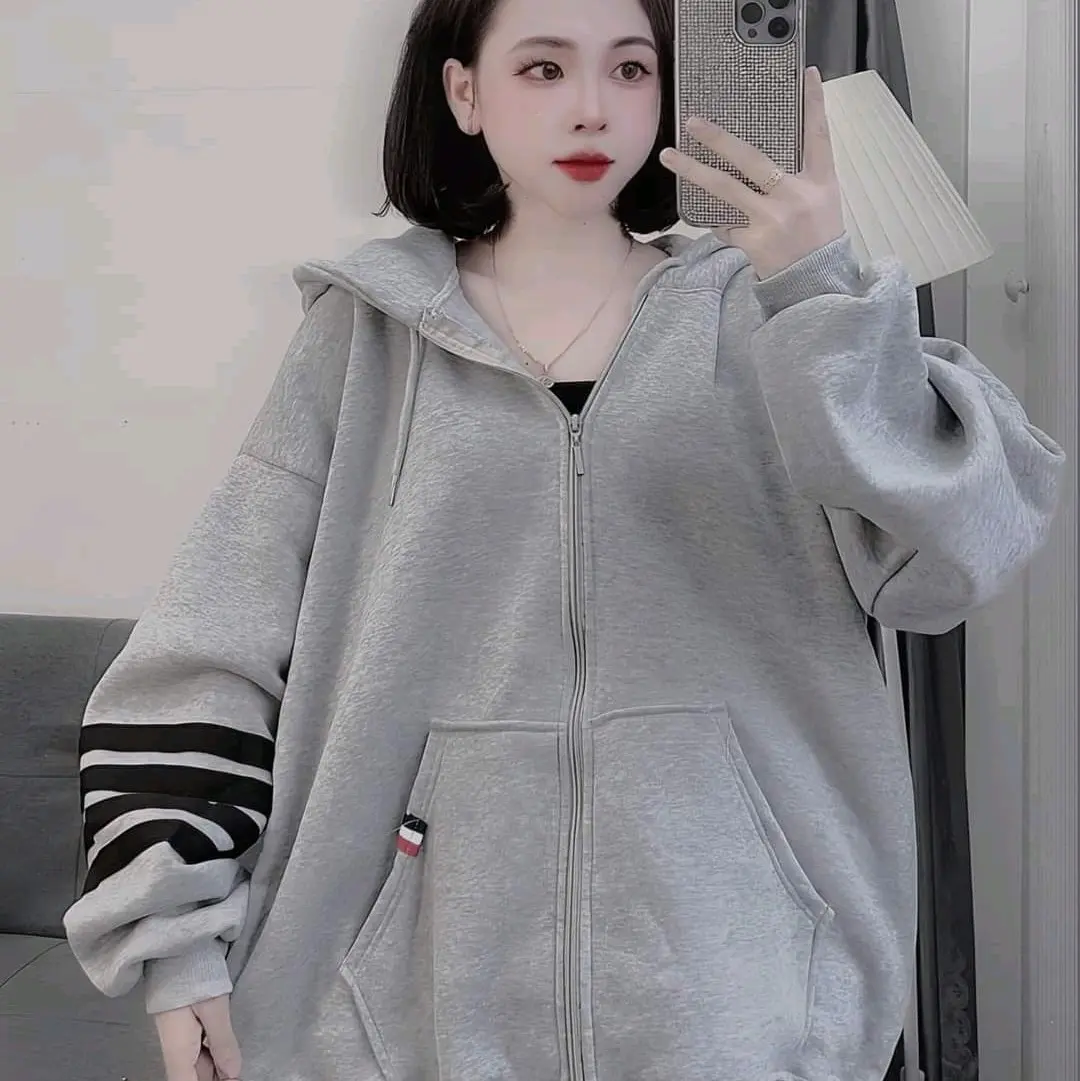 Áo khoác nỉ hoodie phối sọc tay form rộng mũ 2 lớp Nữ Women Top Nhung Kem