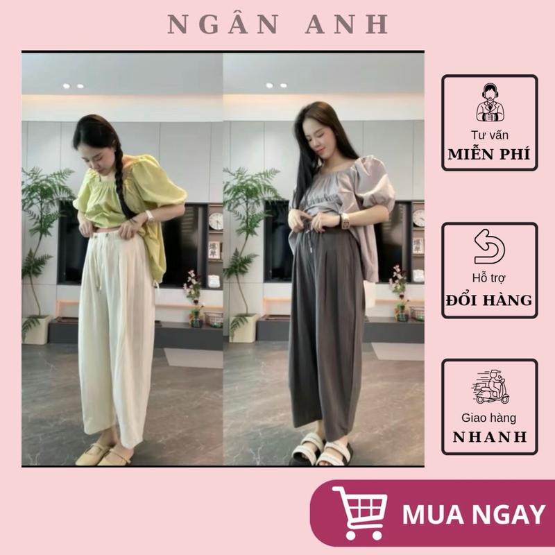 Ngân Anh Quần bầu Baggy gió nhăn chất co dãn mềm mát có dây khuy cài rút eo mặc trước và sau sinh dáng bom