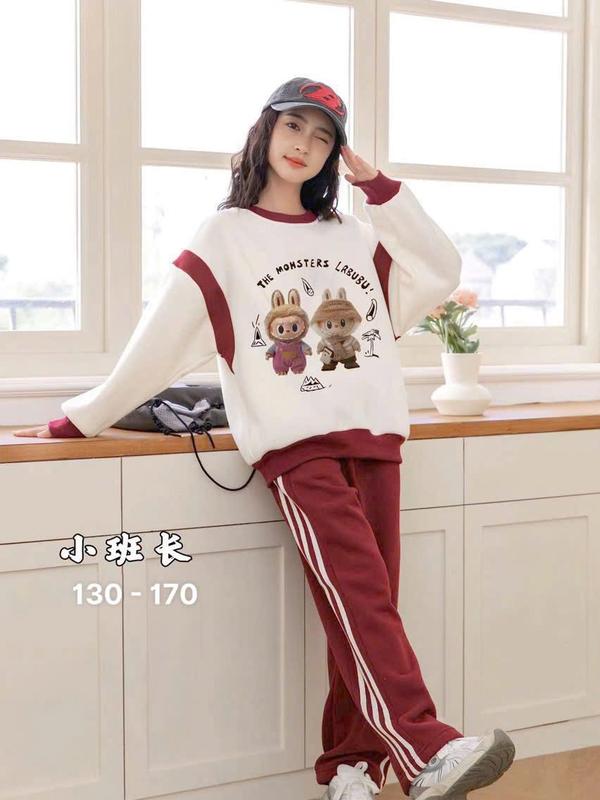 Bộ gồm quần và áo nỉ bông cao cấp, ấm áp năng động cho bé gái in hình LABUBU, áo trắng phối màu Hồng - Đen - Tím, size từ 12-44kg, xu hướng 2024 bộ  thun