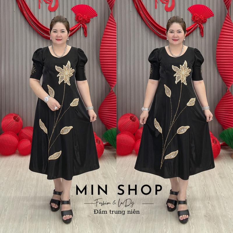 Đầm trung niên xoè tay búp 5 lá cổ vuông M19 Trơn Nữ Dress Sen Voi - MIN SHOP - Voan, Nhung Hoa Sen Đen Đỏ