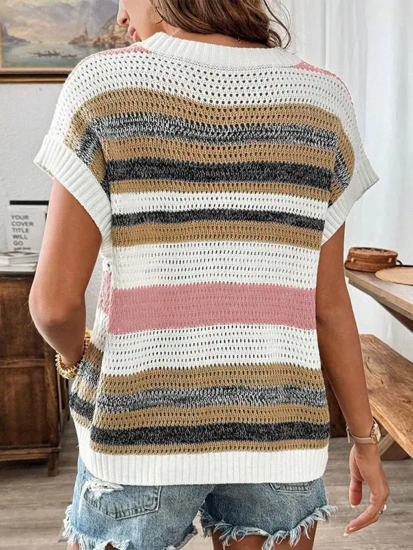 Women's Striped Crew Neck Sweater, Casual Short Sleeve Jumper for Daily Wear, Ladies Knitwear for All Seasons, Tops, Womenswear 1