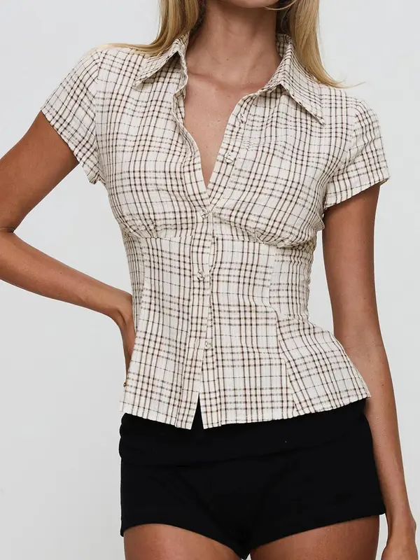 Women's Plaid Blouse, Casual Slim-fitting Short Sleeve Collar Top for Summer, Women's Clothes for Daily Wear, Skinny Womenswear, Classy Tops, Clothes for Women 4