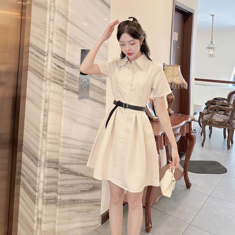(DD257) ĐẦM NỮ CỔ SƠ MI XẾP LY EO TAY NGẮN kèm dây belt chất tuyết mưa phù hợp đi chơi đi làm đi tiệc Dress Women 1