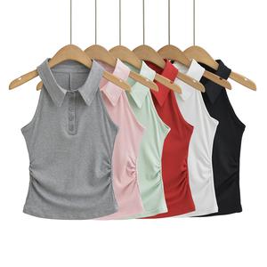 Áo ba lỗ không tay cổ polo mùa hè cho nữ dáng ôm, thời trang nữ phong cách châu Âu và Mỹ, áo kiểu gợi cảm