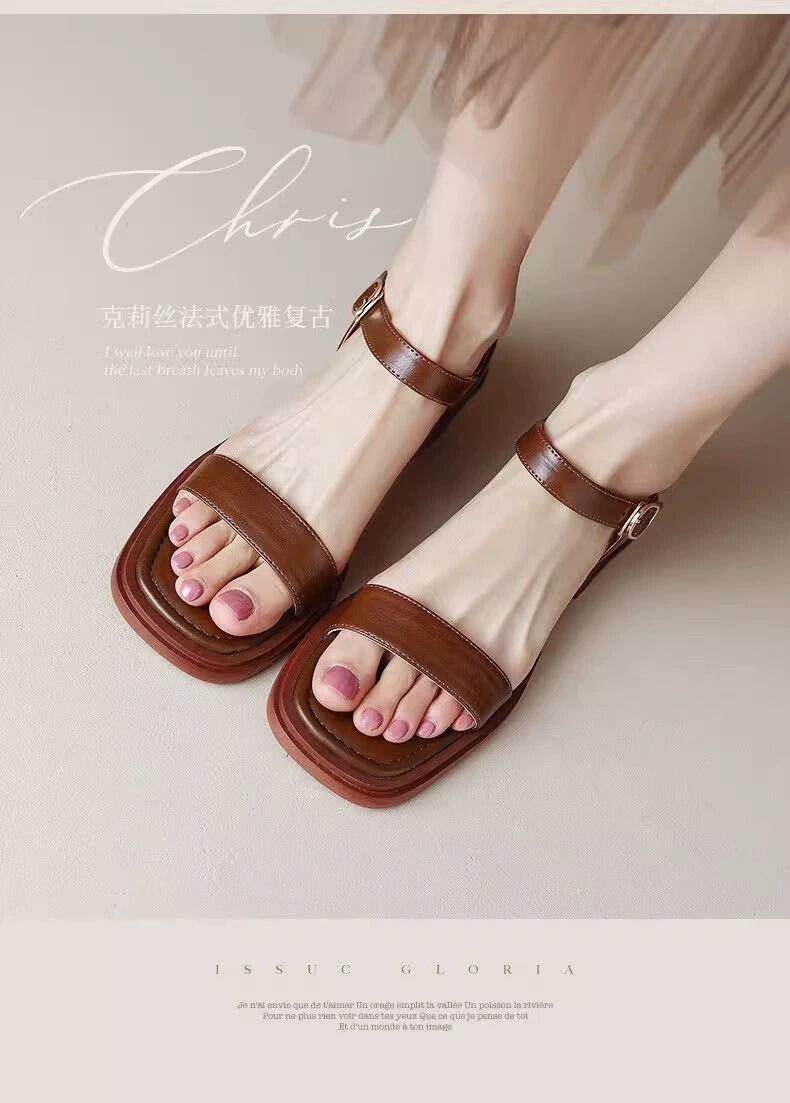 Product Introduction of Soft bottom low heel real leather flat bottom Roman style sandals for Women large size slip-on summer shoes comfortable 1