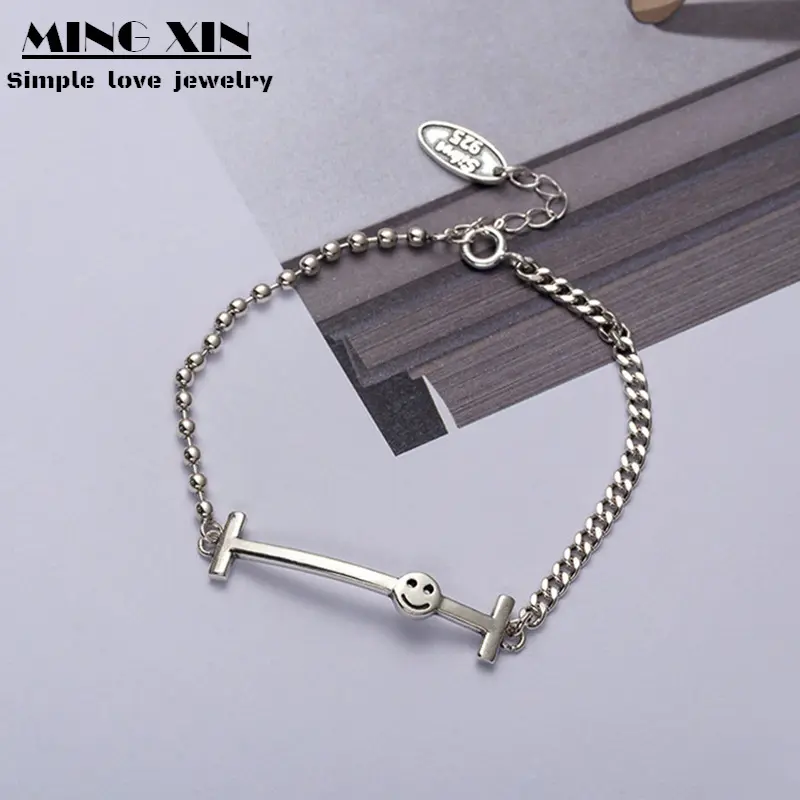 S925 Silver Vintage Distressed  Face Bracelet Semicircle Bead Necklace Handmade Thai Silver Simple Style Special-Interest Design Ins