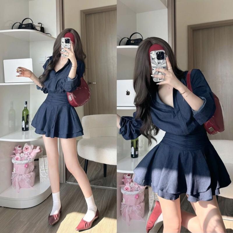 [Un.style] Váy sơ mi denim tay dài nhún eo dáng xòe 2 tầng có khoá bên (ra màu 2-3 lần giặt đầu)