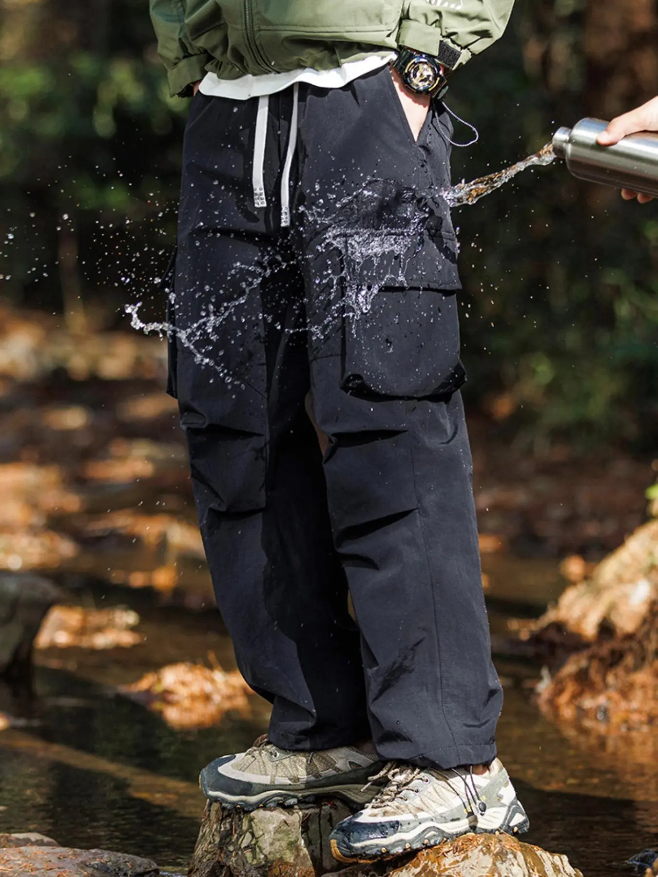 Men's Solid Drawstring Waist Waterproof Cargo Pants, Casual Pocket Trousers for Outdoor Activities, Fashion Men's Bottoms for Fall & Winter, Work Trousers Men