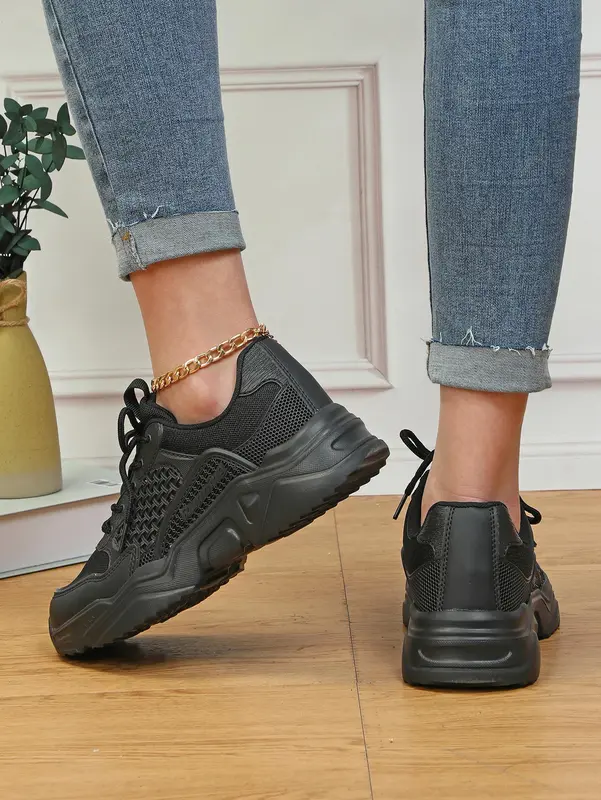 1 Pair 2023 New Trendy Mesh Woven Platform Trainers for Women, Minimalist Lace-up Low Top Chunky Sneakers, Sporty Breathable Comfortable Running Shoes for Daily Wear 3