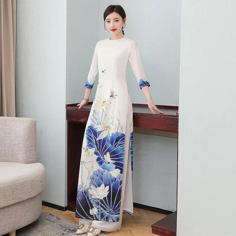 Ao Dai Hand-Painted Cheongsam Dress Wide-Leg Pants Two-Piece Suit Daily Wearable Cheongsam Nine-Quarter Sleeve Ao Dai