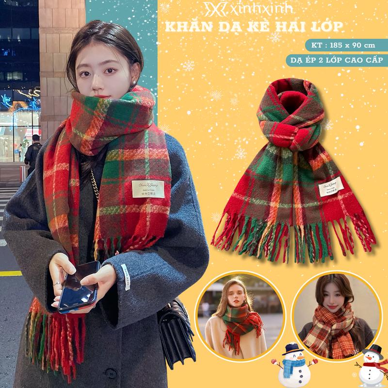Khăn Choàng Quàng Cổ Nữ Dạ Kẻ Ấm Áp Dày Dặn 2 Lớp Thời Trang Hàn Quốc Women