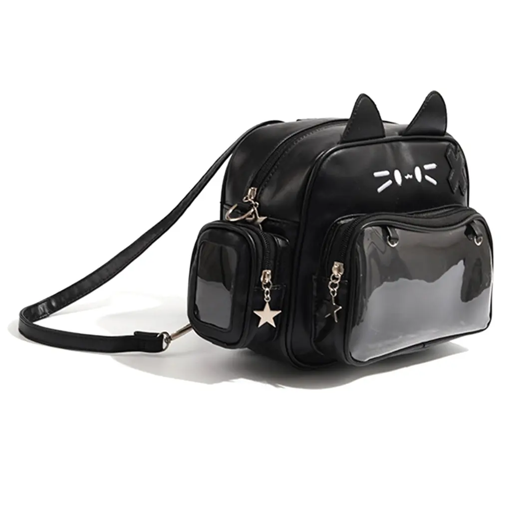 Japanese Student Large Capacity Itabag Backpack for Pin Display Cute Cats Ears Clear Pocket Front Crossbody Shoulder Bag
