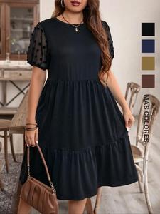 【 Talla grande 】 Vestido de malla de contraste liso, Vestido informal de manga corta con cuello redondo para el verano, Ropa Plus para mujer para uso diario