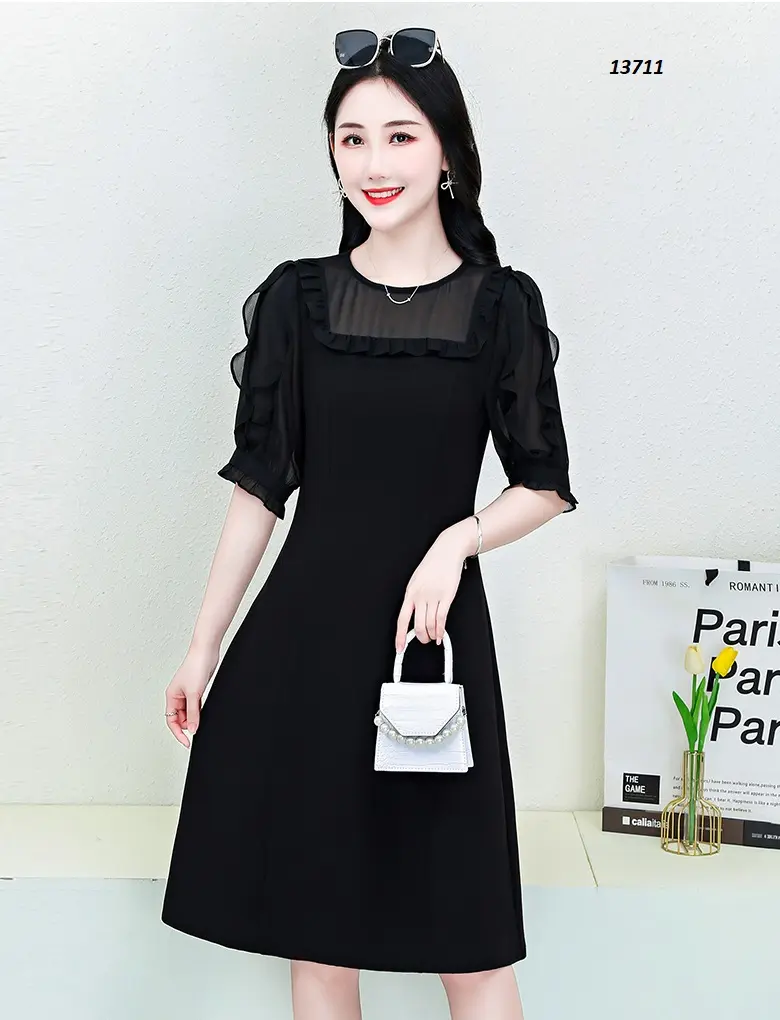Đầm suông chữ A phối tay voan ngắn ( lụa chéom phối voan, có lót )-13711