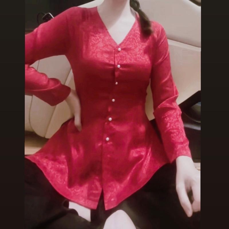 [BỘ BÀ BA]Cổ  Tim, áo gấm và quần lụa satin/ Sét bà ba cổ tim, tay dài, áo gấm dệt hoa nổi, quần lụa satin màu dành cho nữ, hot trend Kem Women Nhung Voi