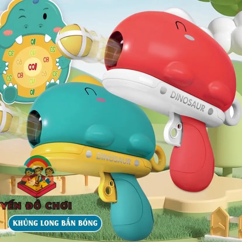 (02)Đồ chơi bắn bóng dính tính điểm hình khủng long xanh đỏ(1 máy, 6 bóng, 1 bia, miếng dính) full hộp (MẪU TRÒN) màu bóng