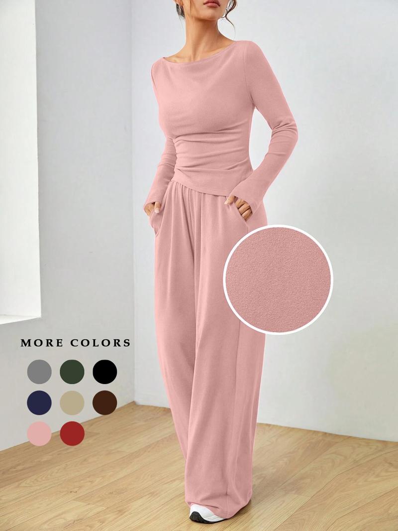 Product Introduction of Women's Solid Ruched Asymmetrical Hem Tee & Pants Set, Casual Boat Neck Long Sleeve Top & Trousers, Women's Spring & Fall Clothes 3