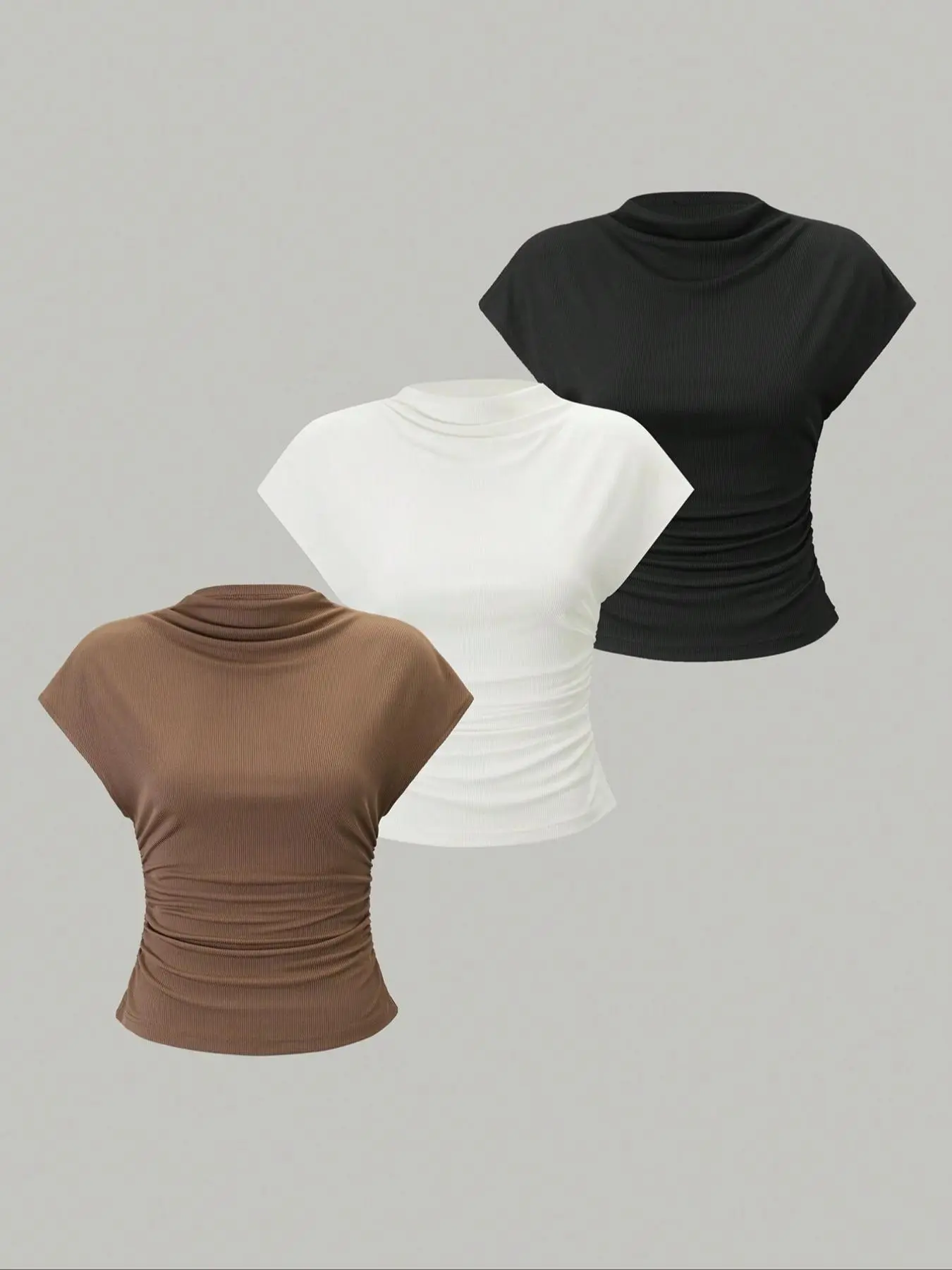 Women's Plain Mock Neck Ruched Tee, Summer Clothes Women, Casual Solid Cap Sleeve T-Shirt for Summer, Women's Top for Daily Wear, Comfortable Summer Clothes