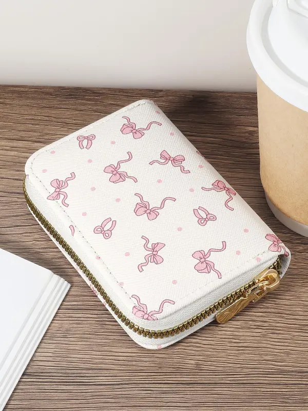 Women's Cute Cartoon Bow Pattern Card Holder, Casual Multi Card Holder with Double Zipper, Simple Casual Multi Card Holder for Outdoor Activities, Travel, and School 5