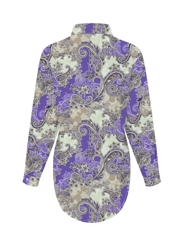 【Plus Size】 Paisley Print Curved Hem Shirt, Casual Long Sleeve Collared Top for Spring, Women's Plus Clothing for Daily Wear 1