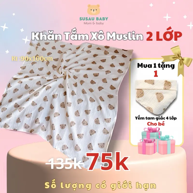 [Kèm Yếm] Khăn Tắm Khăn Quấn Xô Muslin 2 Lớp  Đa Năng Cho Bé Kích Thước 90x100cm em 0