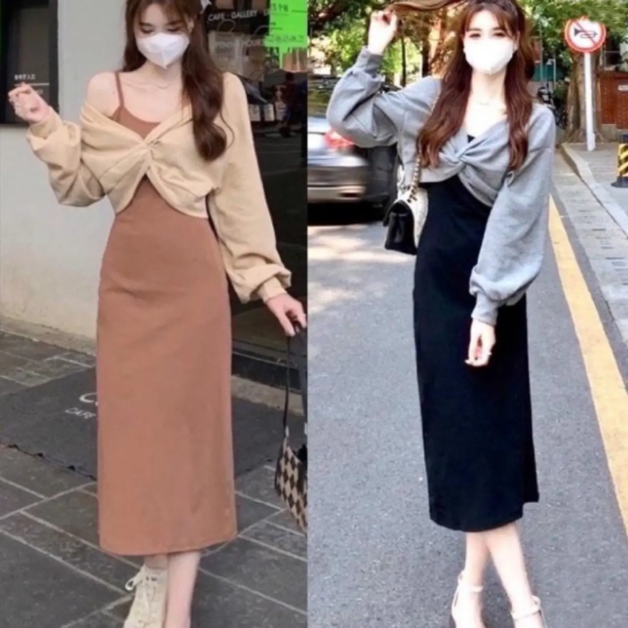 [SB93] Sét áo khoác dài phối đầm 2 dây body hottrend feedback Bảo An Shop hot Thun Nữ Top Đen