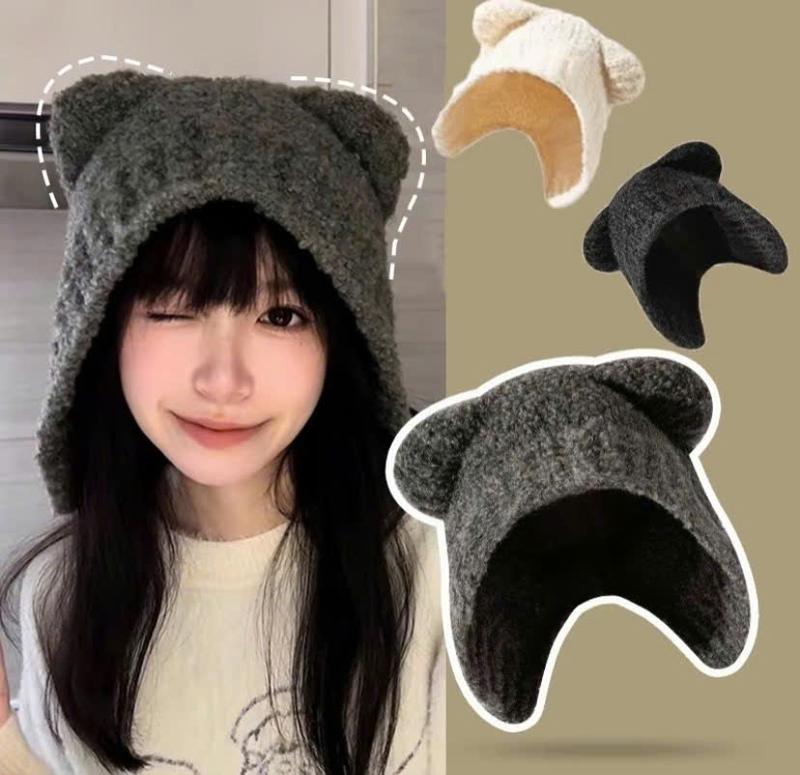 Mũ Len Dệt Kim Tai Gấu Nhỏ Dễ Thương Bomber, Nón Trùm Đầu Giữ Ấm Thời Trang Thu Đông Cho Nữ Hat Cap