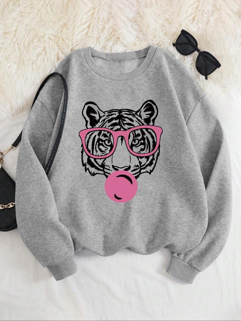 Product Introduction of Women's Tiger Print Round Neck Sweatshirt, Fashion Casual Crew Neck Pullover for Daily Holiday Outdoor Wear, Ladies Clothes for All Seasons 1