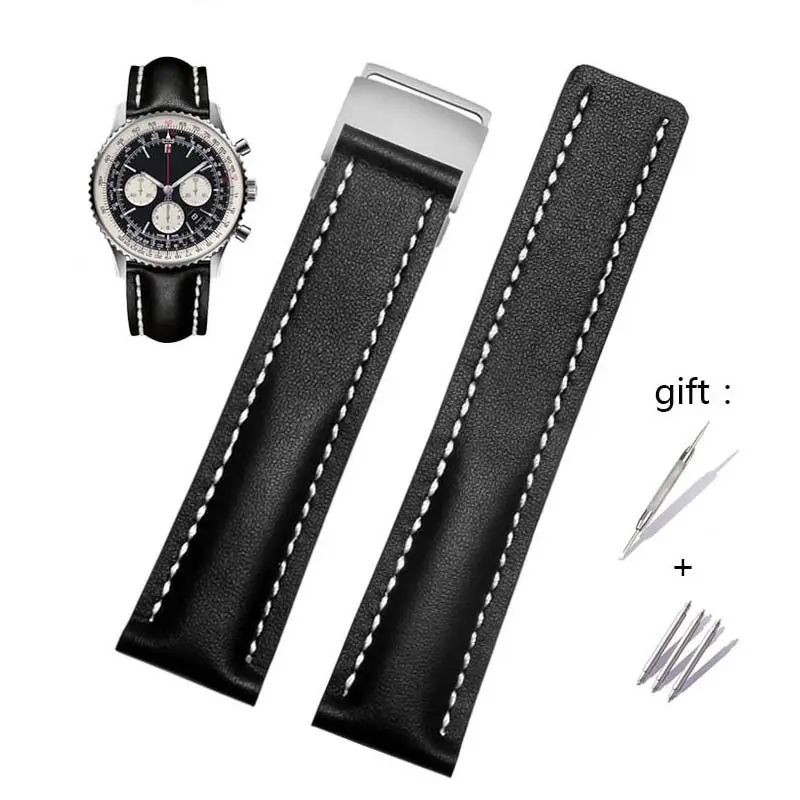 Dây đeo đồng Hồ bằng da Thật 22 / 24mm, Thích hợp cho Breitling, Dây đeo đồng Hồ bằng da Ý, Premier B01, Colt Chronograph, Avenger AVIATOR 8, Khóa 316L, có Logo