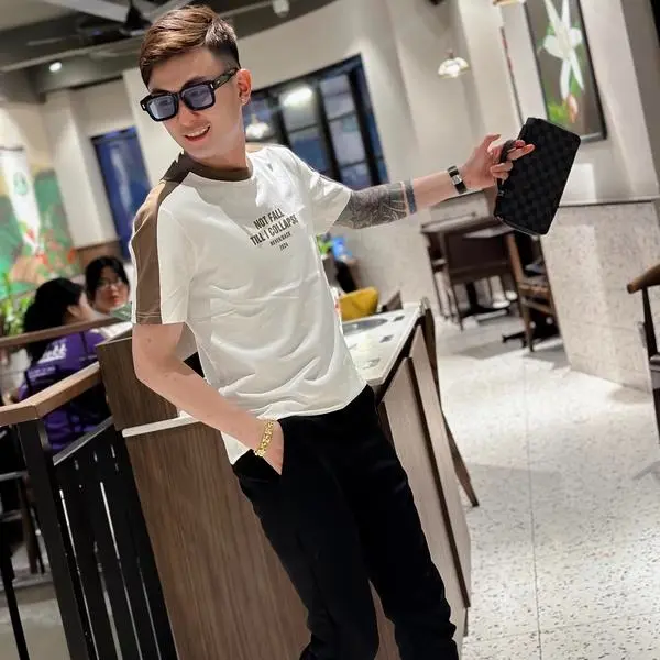 Áo thun nam cổ tròn phối in chữ vải cotton dày dặn mặc mát fom vừa hot trend áo không cổ nam Menswear Shirt 3