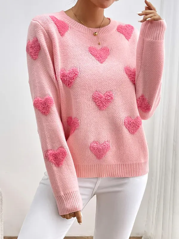 Women's Minimalist Heart Print Drop Shoulder Crewneck Sweater Tops, Basic Casual Long Sleeve Round Neck Knitting Jumper for Fall & Winter, Valentine's Day Gift, Womenswear 3