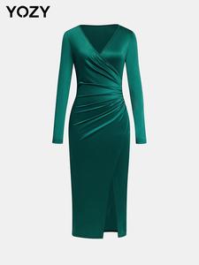 YOZY Women's Plain Ruched Wrap V Neck Bodycon Dress, Elegant Long Sleeve Split Hem Dress for Party Dating Wear, Ladies Clothes for All Seasons
