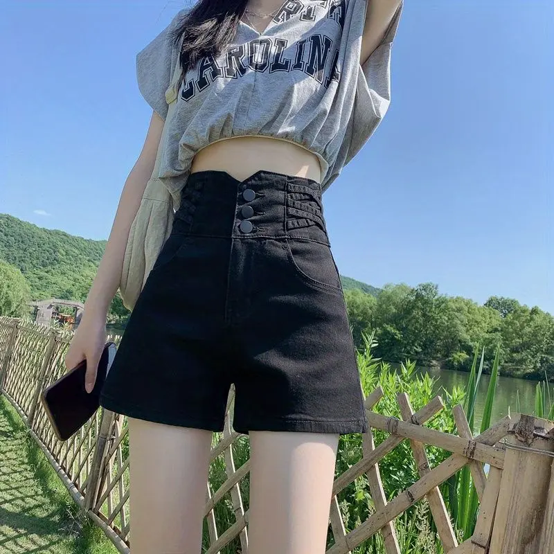 2025 Black Pants Women's Hot Girl High Waist Slimming Stretch Shorts 2024 Summer Small Wide Leg Pants High Street Hot Pants Fashion