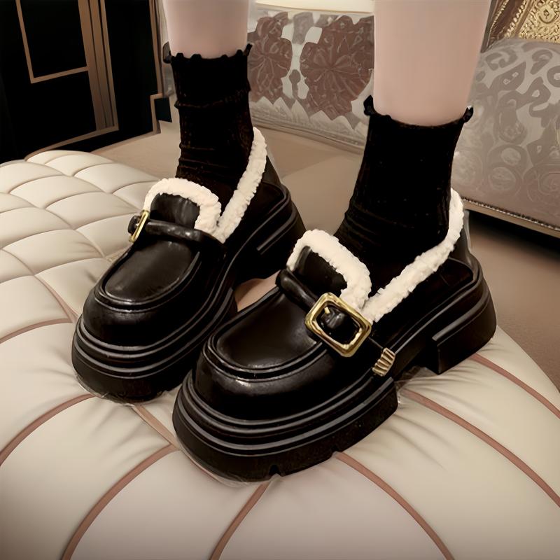  Giày đốc nữ phối lông da cao cấp đế 5cm Nunu  Chân to tăng 1 size  giay  doc 