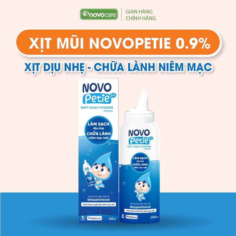 Xịt Novopetie 0,9% nước muối sinh lý, rửa mũi hàng ngày, dưỡng ẩm, bảo vệ mũi, giảm sổ mũi, ngạt mũi 100ml