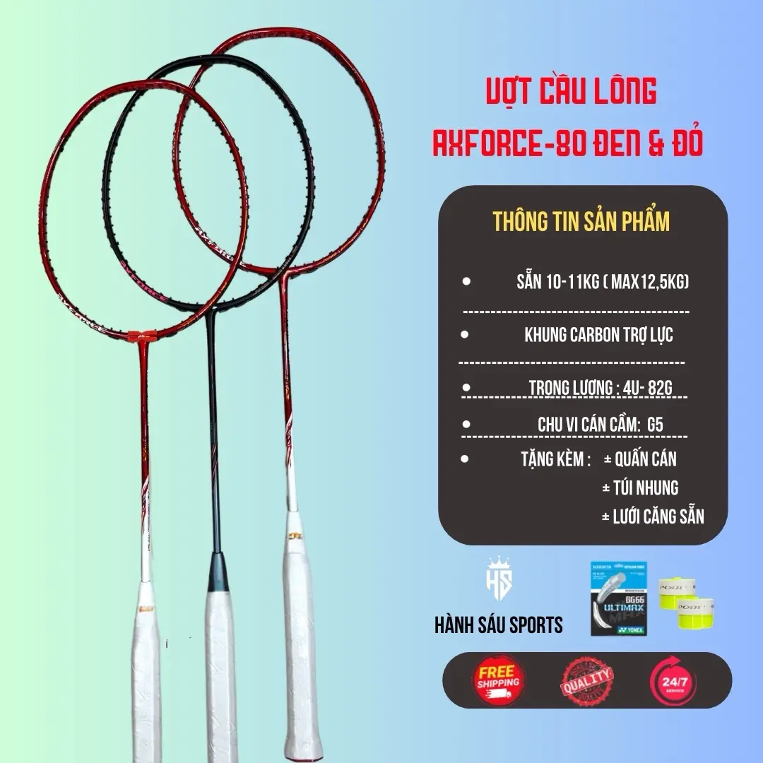 Vợt cầu lông Axforce 80 CL đỏ & 80 đen phull các bon Bảo hành 30 ngày ( tặng 1 sợi cước căng sẵn + 1bao vợt và 2 cuốn cán )  Sport Carbon Cán Vợt Thể Thao Cacbon